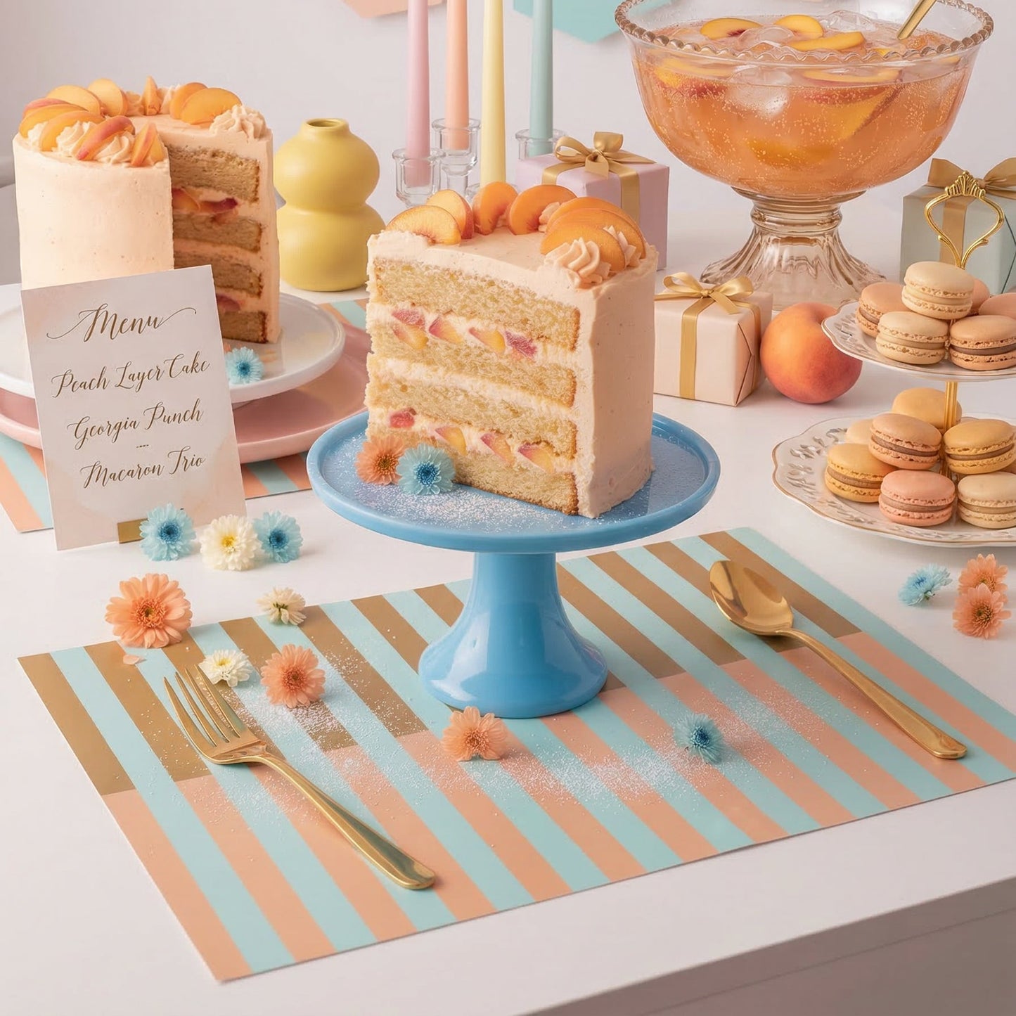 Decorative table setting with a cake, pastries, and colorful striped paper placemats.