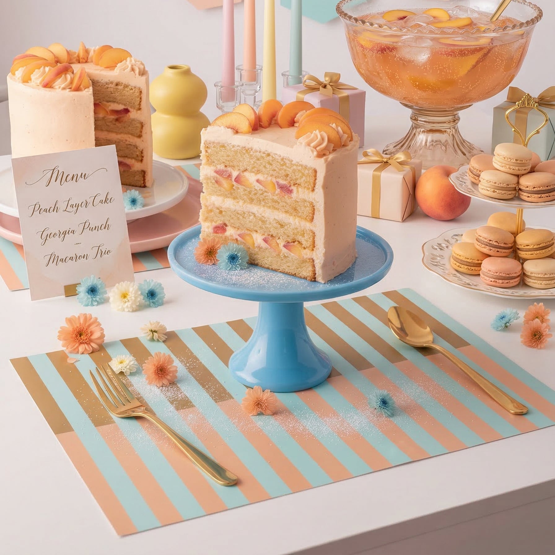 Decorative table setting with a cake, pastries, and colorful striped paper placemats.