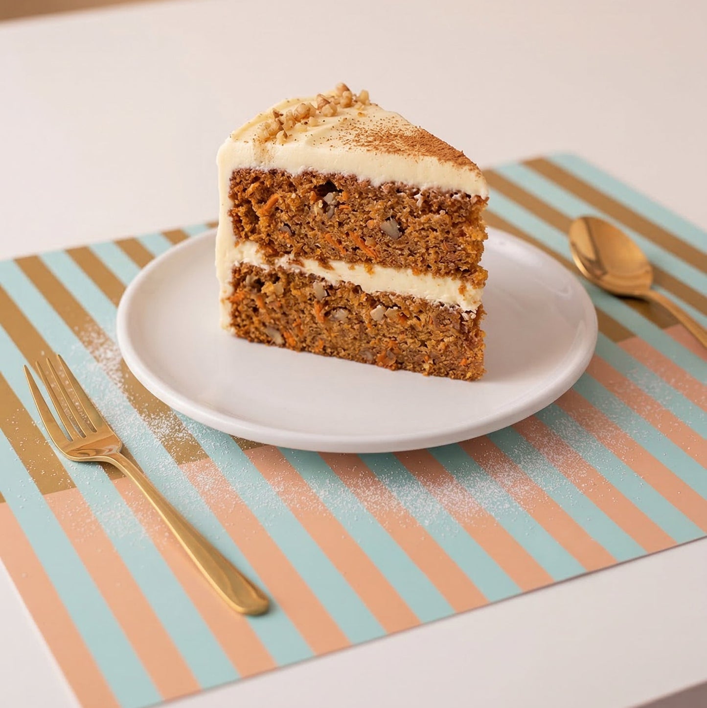 Slice of carrot cake on a white plate with gold fork and spoon on a striped paper placemat.