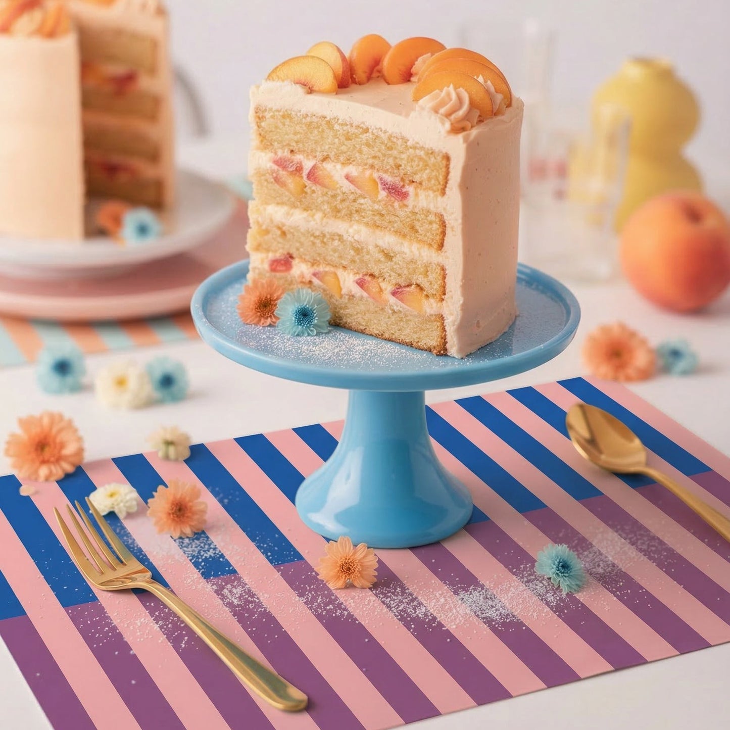 Slice of layered cake with peaches on a blue cake stand on a striped paper placemat.