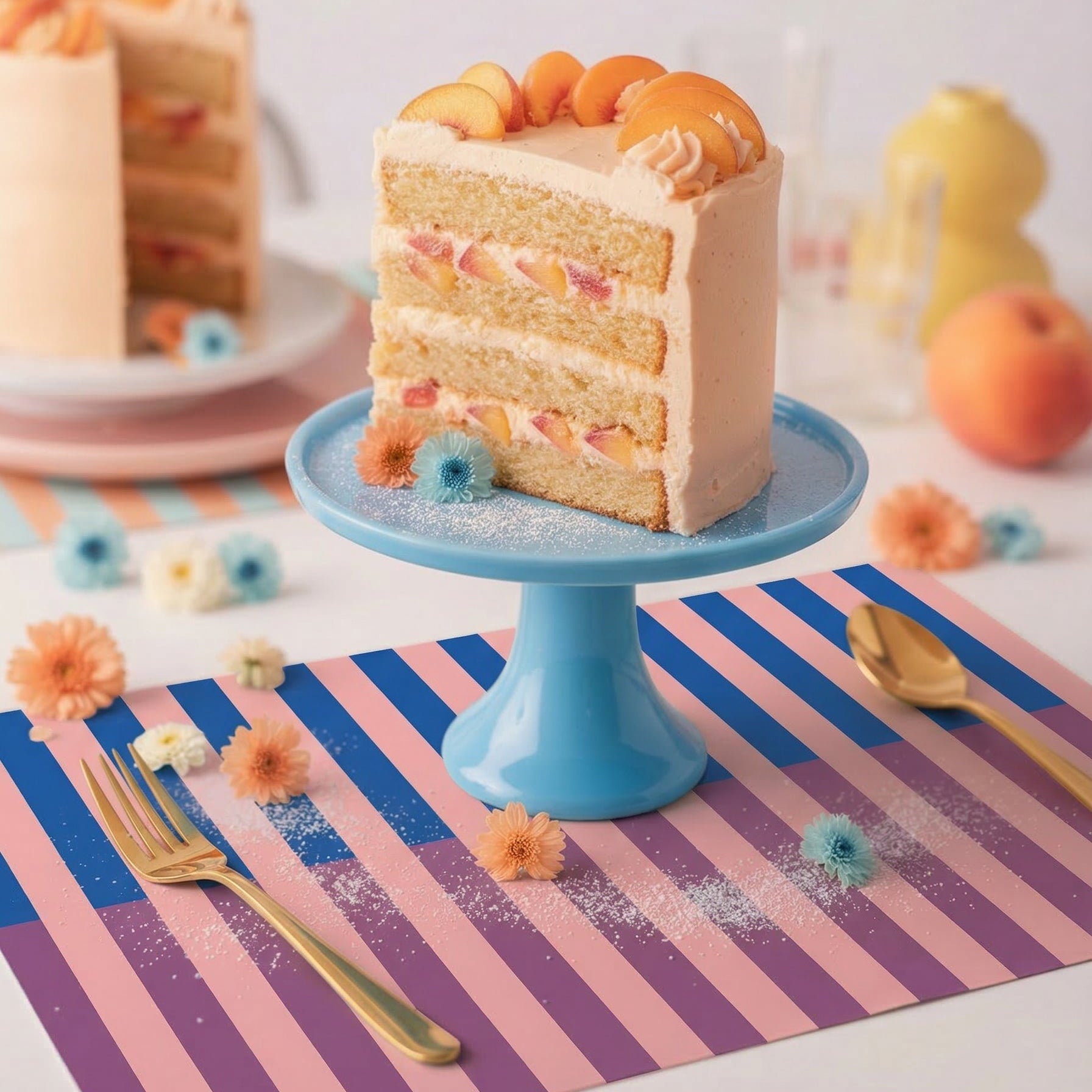 Slice of layered cake with peaches on a blue cake stand on a striped paper placemat.