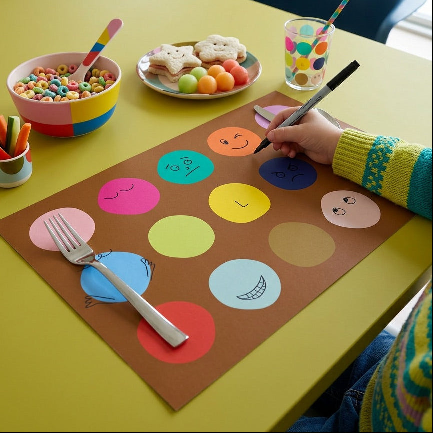 Child coloring on a placemat with a colorful table setting