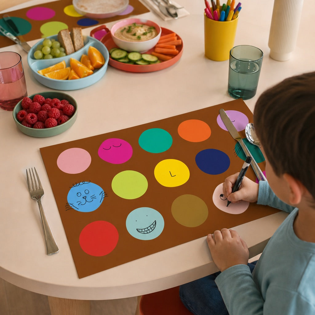 Child at a table with a colorful placemat, cutlery, and snacks.