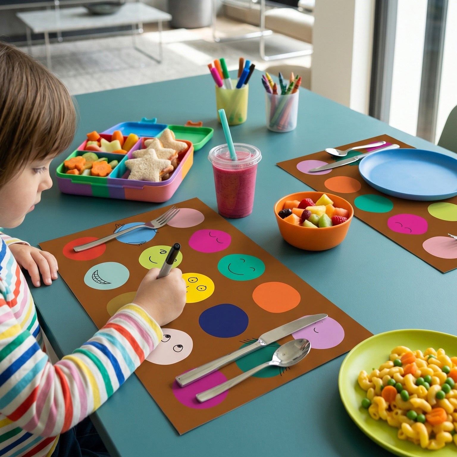 Child at a table with colorful placemats, food, and drinks in a modern kitchen.