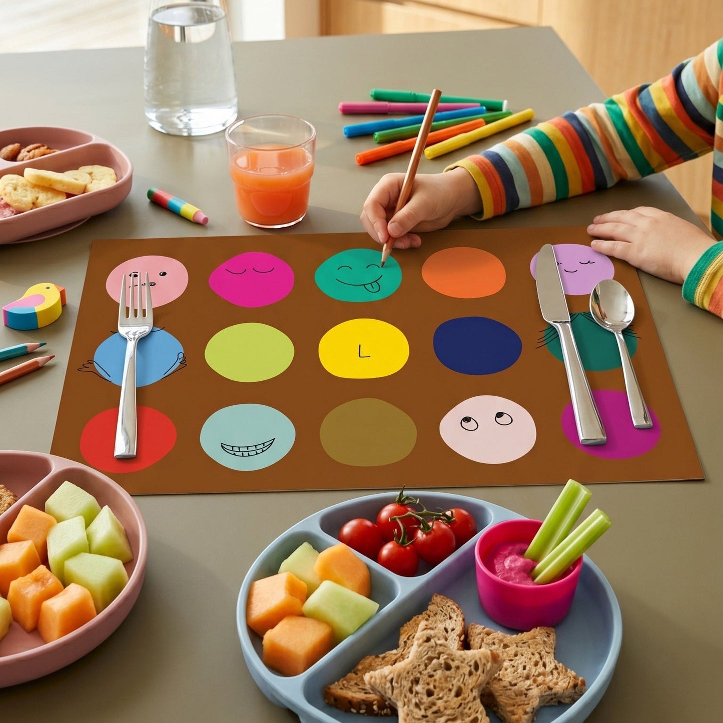Children's play mat with colorful circles and cutlery, next to a plate of snacks and drinks on a kitchen table.