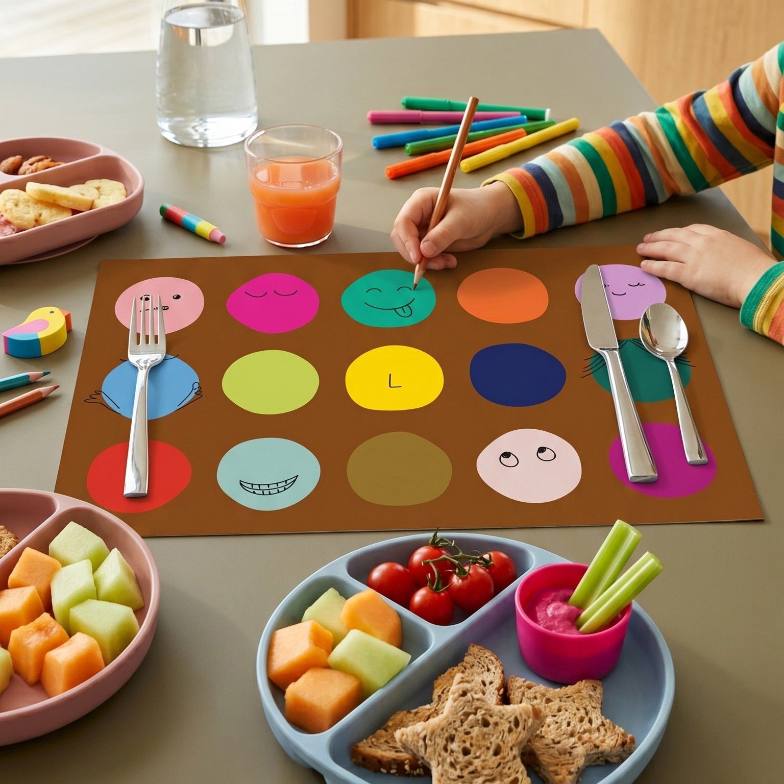 Children's play mat with colorful circles and cutlery, next to a plate of snacks and drinks on a kitchen table.