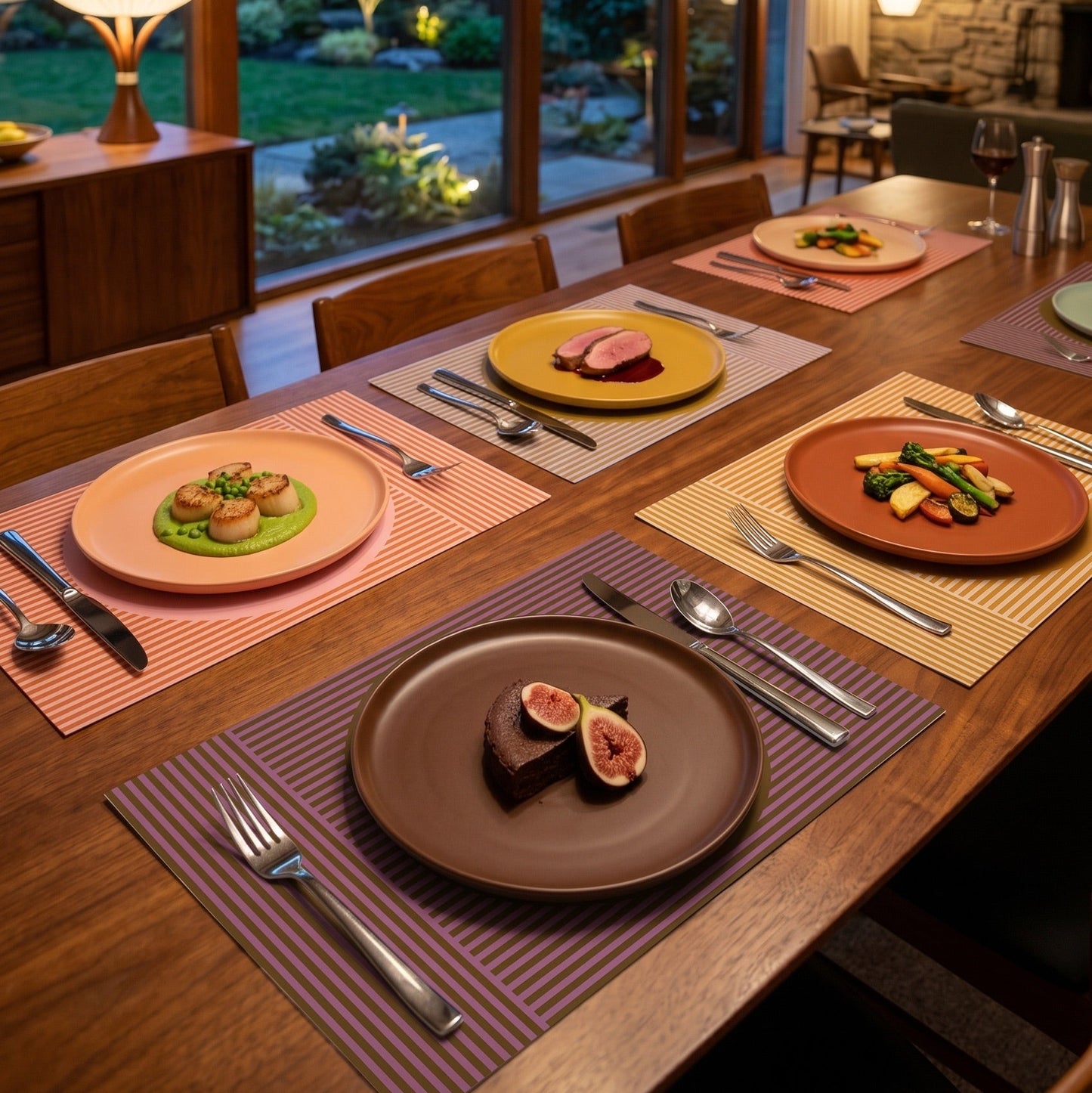 Modern striped paper placemat on a wood table set up for a dinner party. 