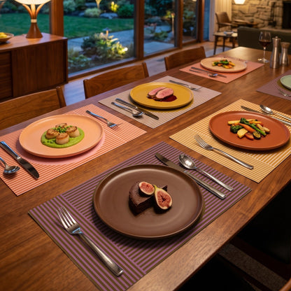 Modern striped paper placemat on a wood table set up for a dinner party. 