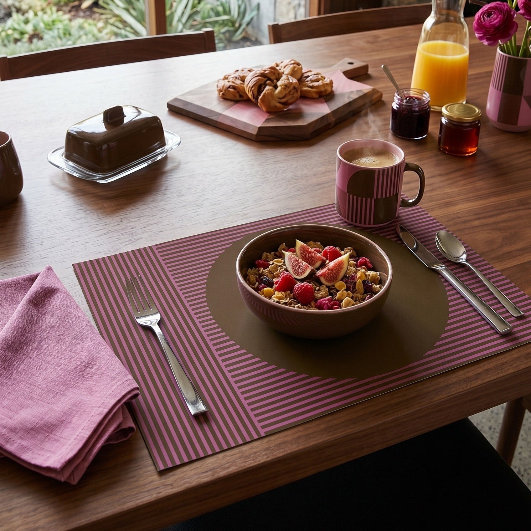 Modern striped paper placemat on a wood table with breakfast in a bowl. 