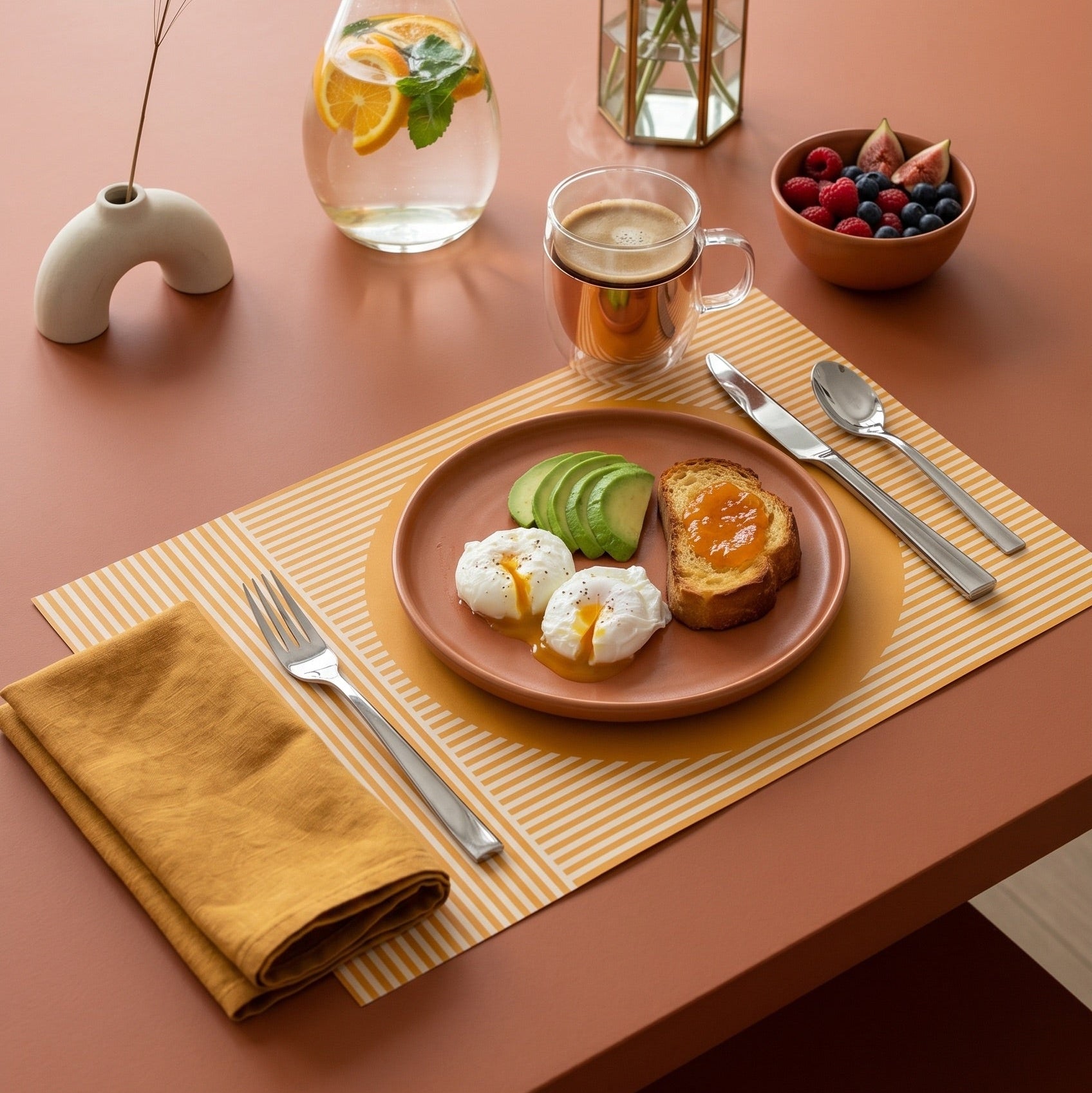 Modern striped paper placemat on a wood table set up for a modern breakfast.