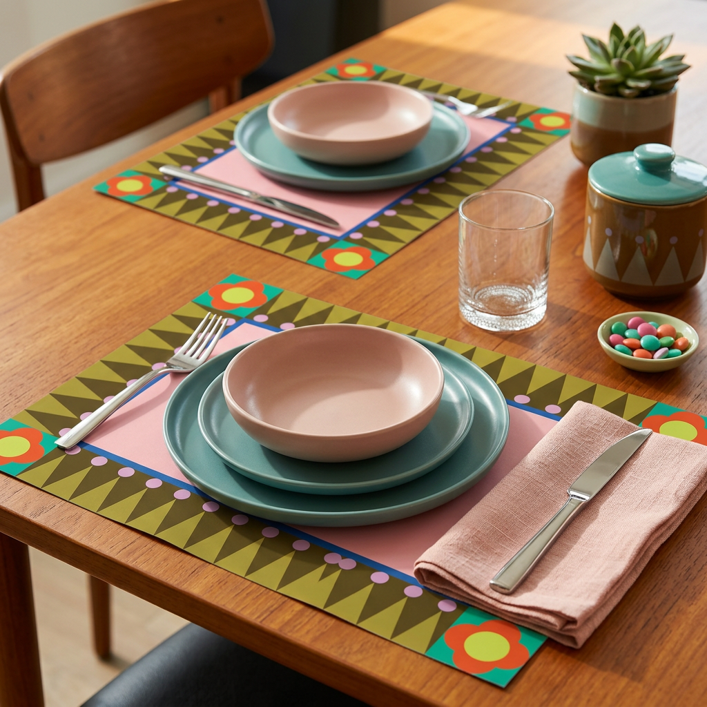 Dining table setting with colorful geometric paper placemats, plates, bowls, and cutlery on a wooden table.