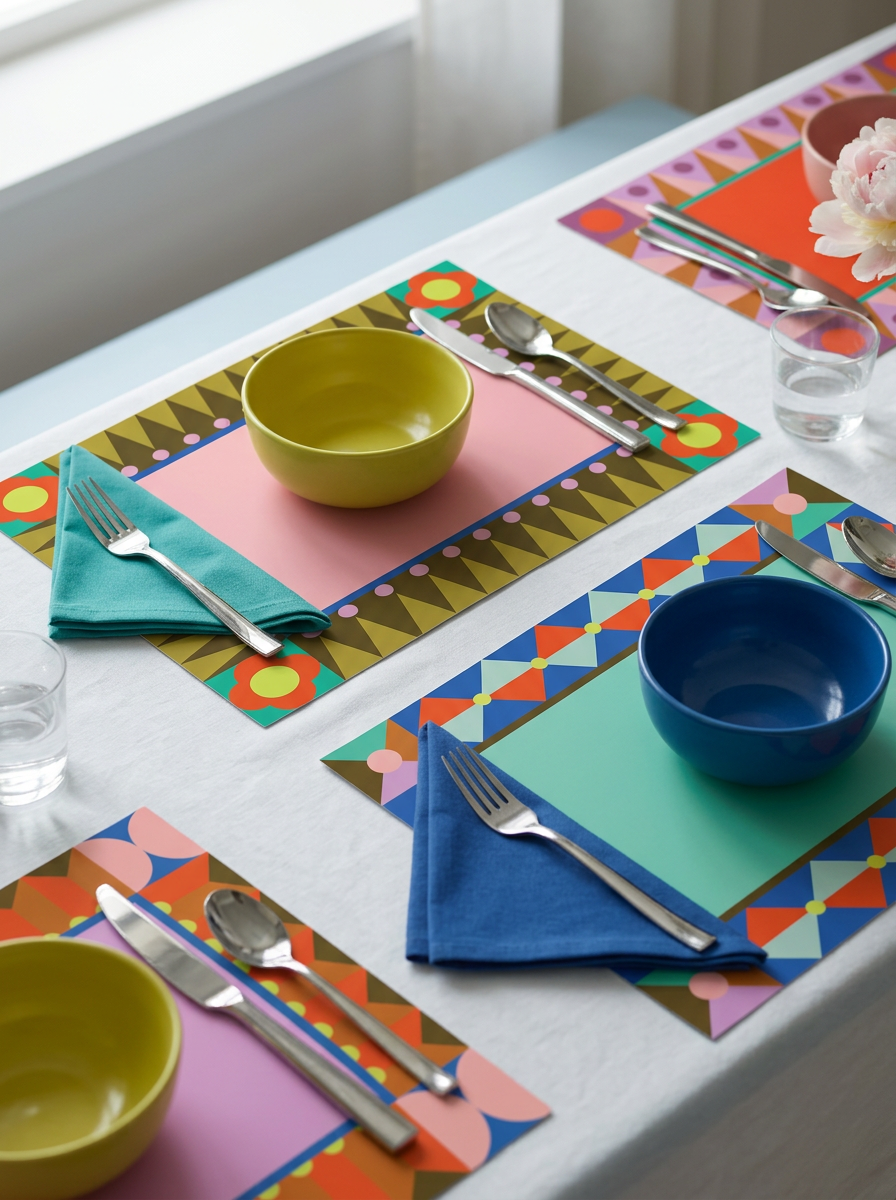 Colorful placemats with bowls, cutlery, and napkins on a table.