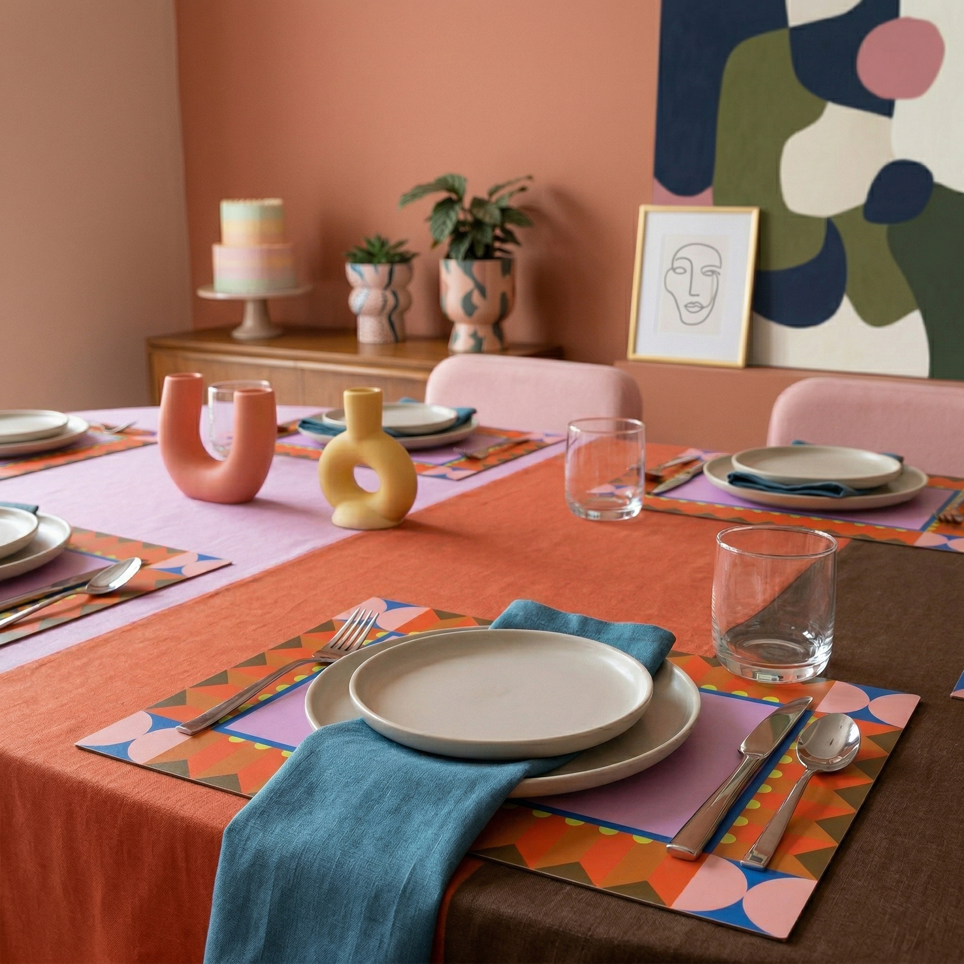 Colorful table setting with plates, glasses, and cutlery on a patterned placemat.