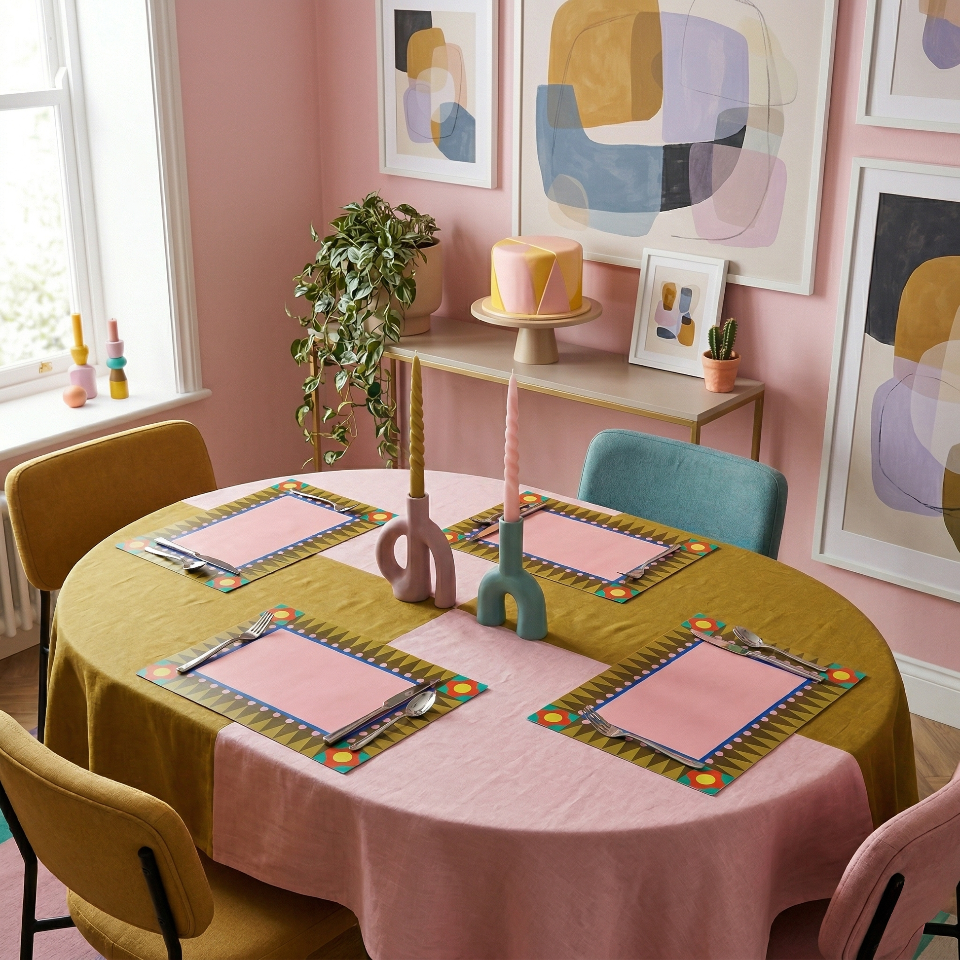 Dining room with round table set for a meal, pink walls, and geometric paper placemats