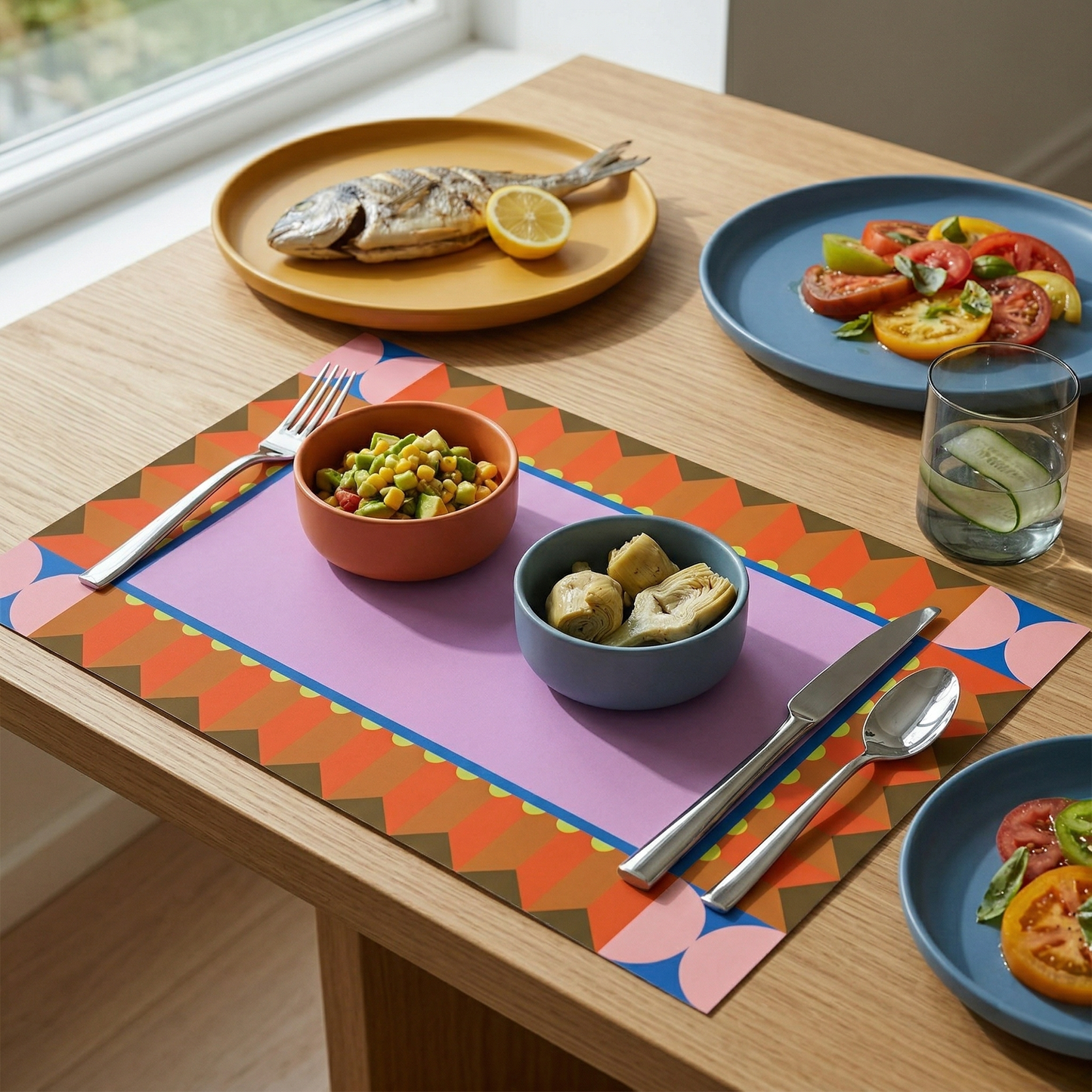 Dinner table setting with colorful placemats, plates, bowls, and cutlery.