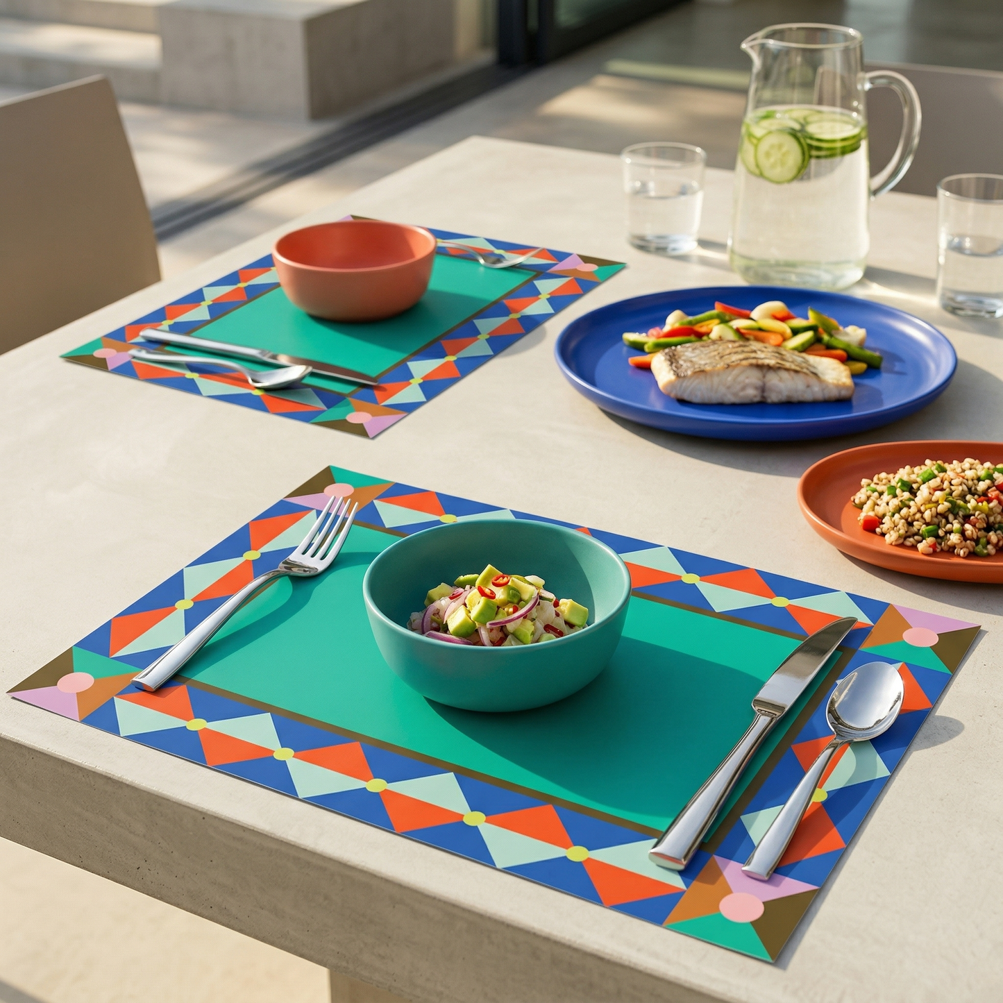 Colorful geometric placemats on a dining table with food and cutlery.