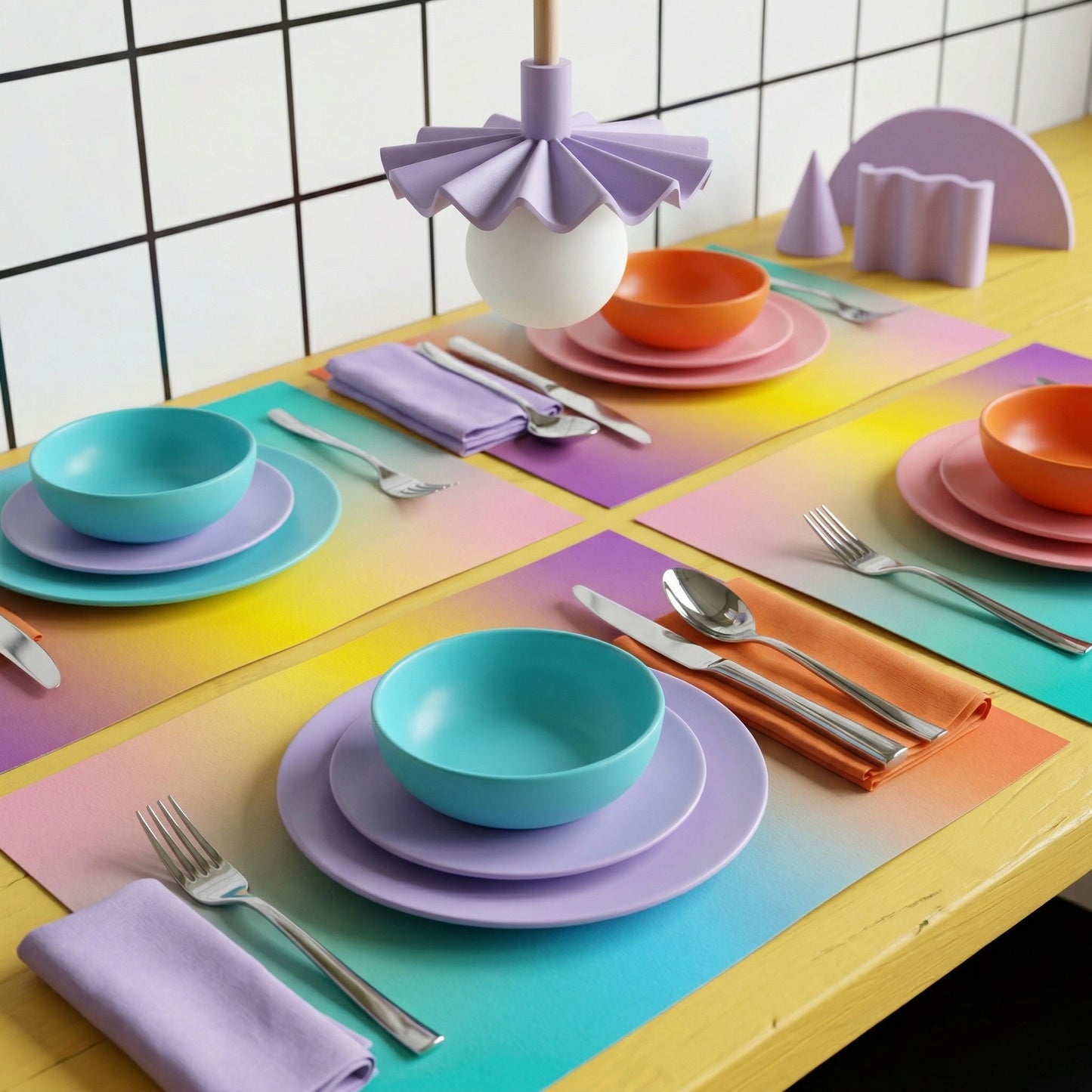 Colorful table setting with plates, bowls, and cutlery on a rainbow-colored paper placemat.