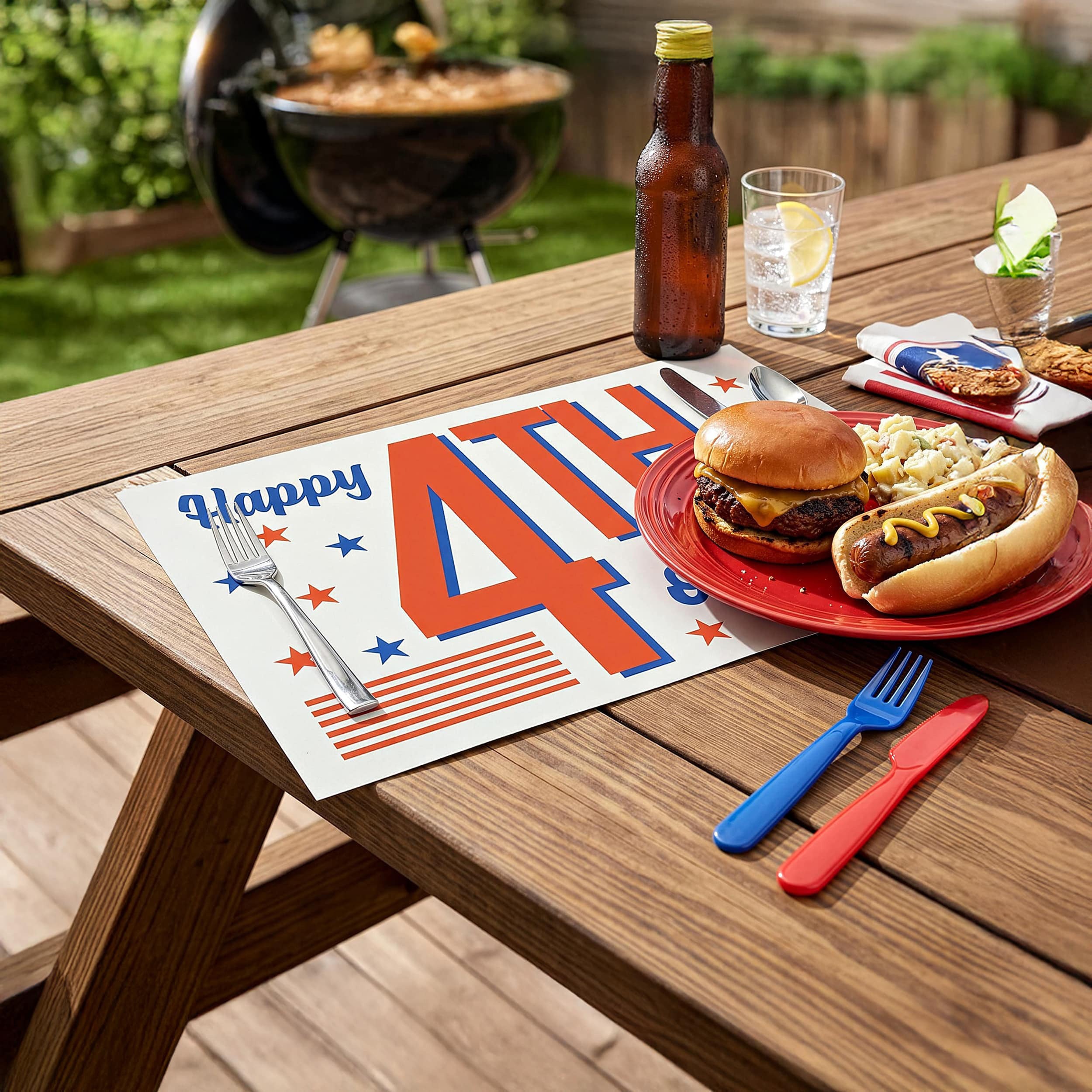 Outdoor picnic setup with burgers, hot dogs, and a 'Happy 4th of July' paper placemat on a wooden table.