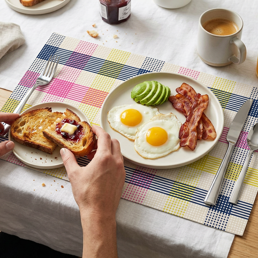 Breakfast scene with toast, eggs, bacon, and avocado on a colorful paper placemat.