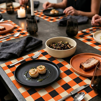 Plaid paper placemat on a modern table set for dinner. 