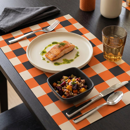 Plaid paper placemat on a modern table set for dinner. 