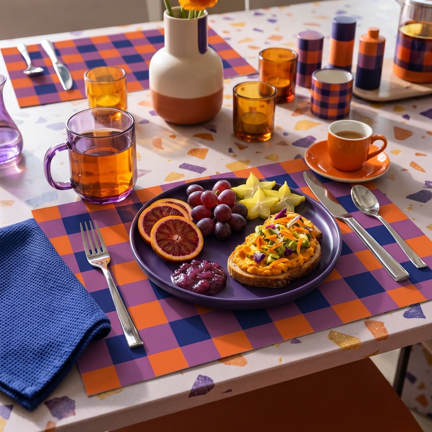 Plaid paper placemat on a modern table set for dinner. 