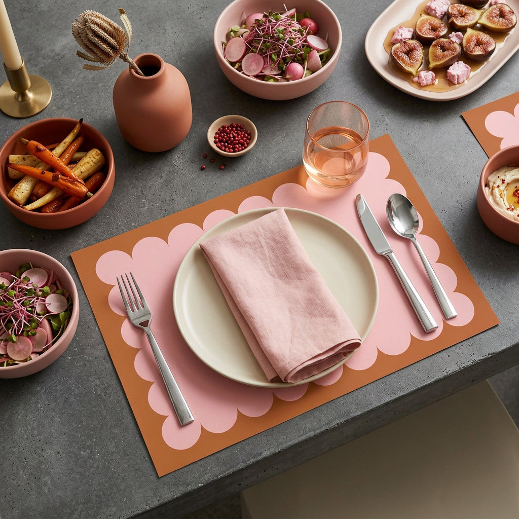 Dining table setting with pink and gold scallop paper placemat, plate, and cutlery on a gray table.