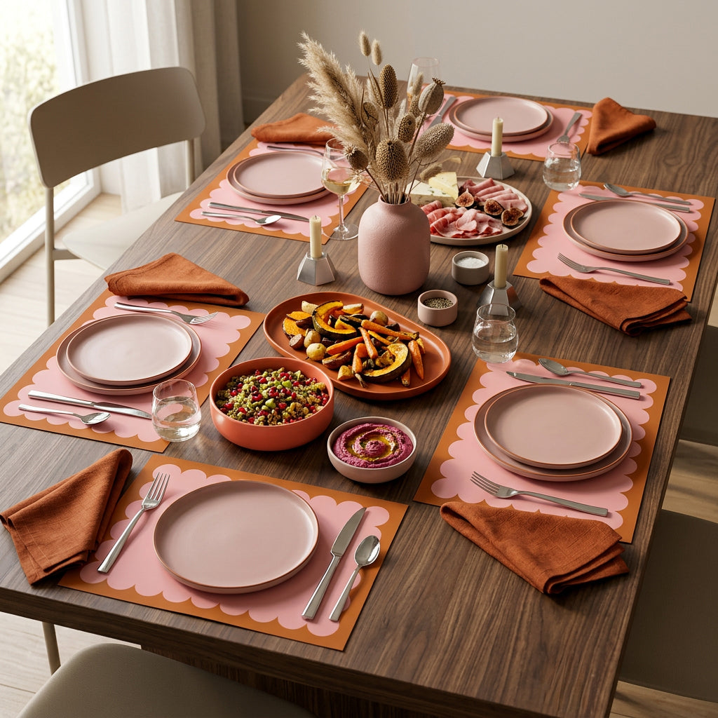Dining table set with pink plates, scalloped pink and gold paper placemats, and cutlery with a meal setup.
