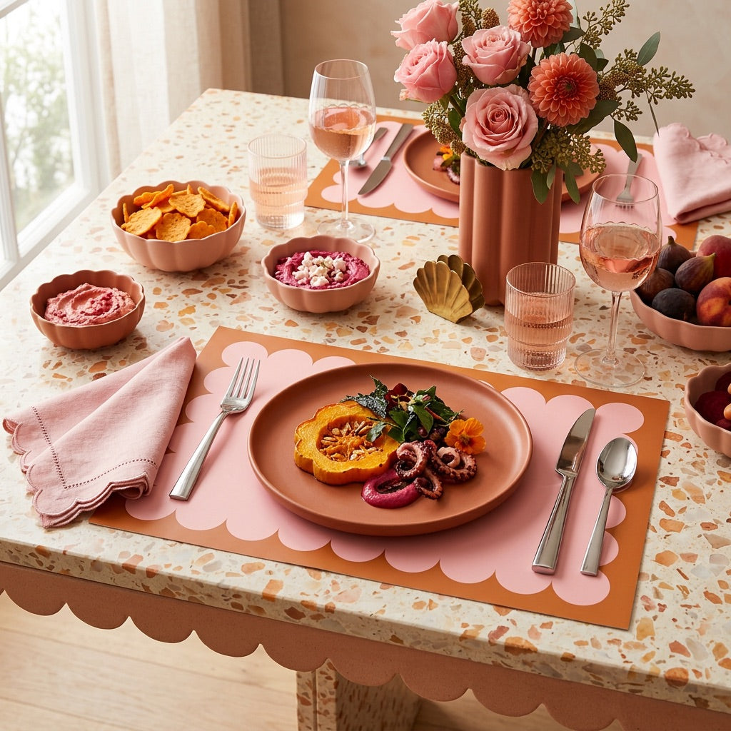 Dining table set with a floral centerpiece, plates, cutlery, and snacks on a scallop paper placemat.