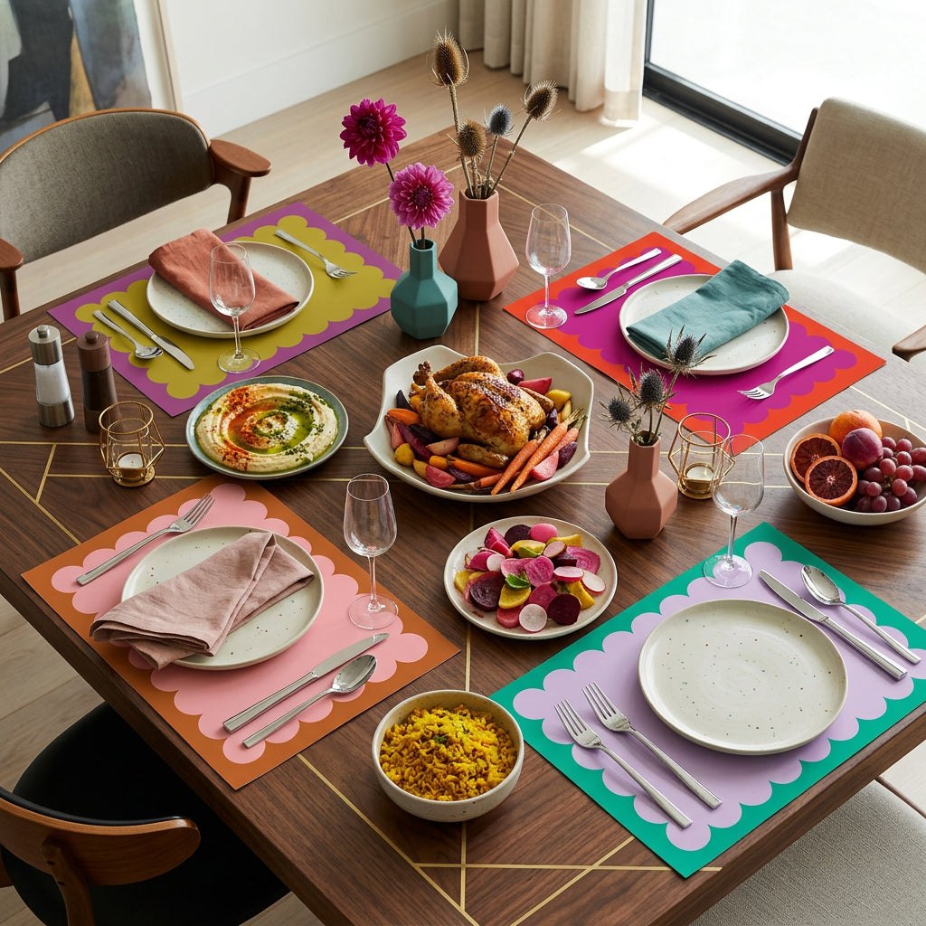 Dining table set with a meal featuring colorful side dishes on scallop patterned paper placemats.