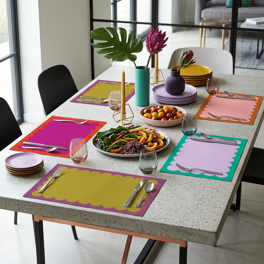 Dining table set with colorful paper placemats with a scallop design, plates, and cutlery in a modern kitchen.