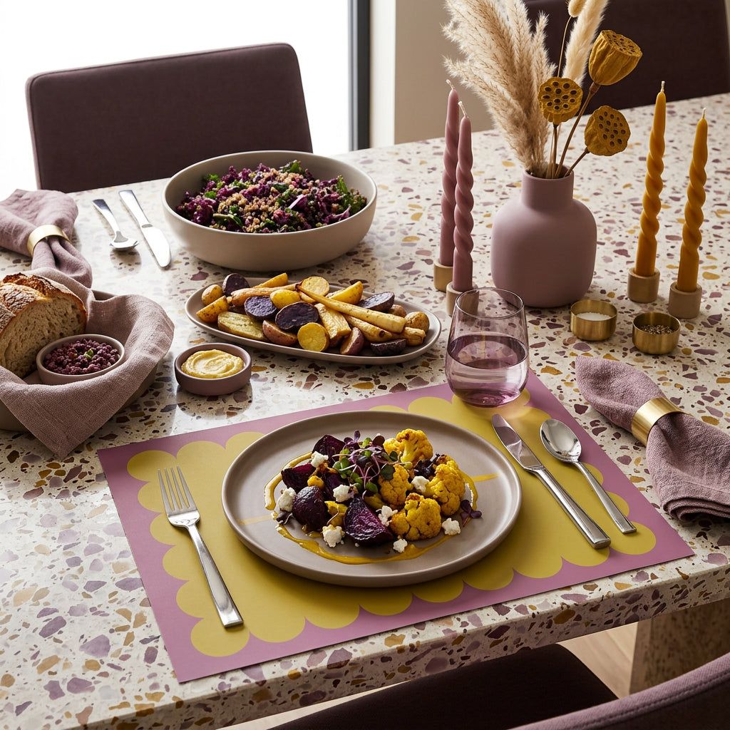 Dining table set with a meal and paper placemats with a scalloped edge of green and purple. 
