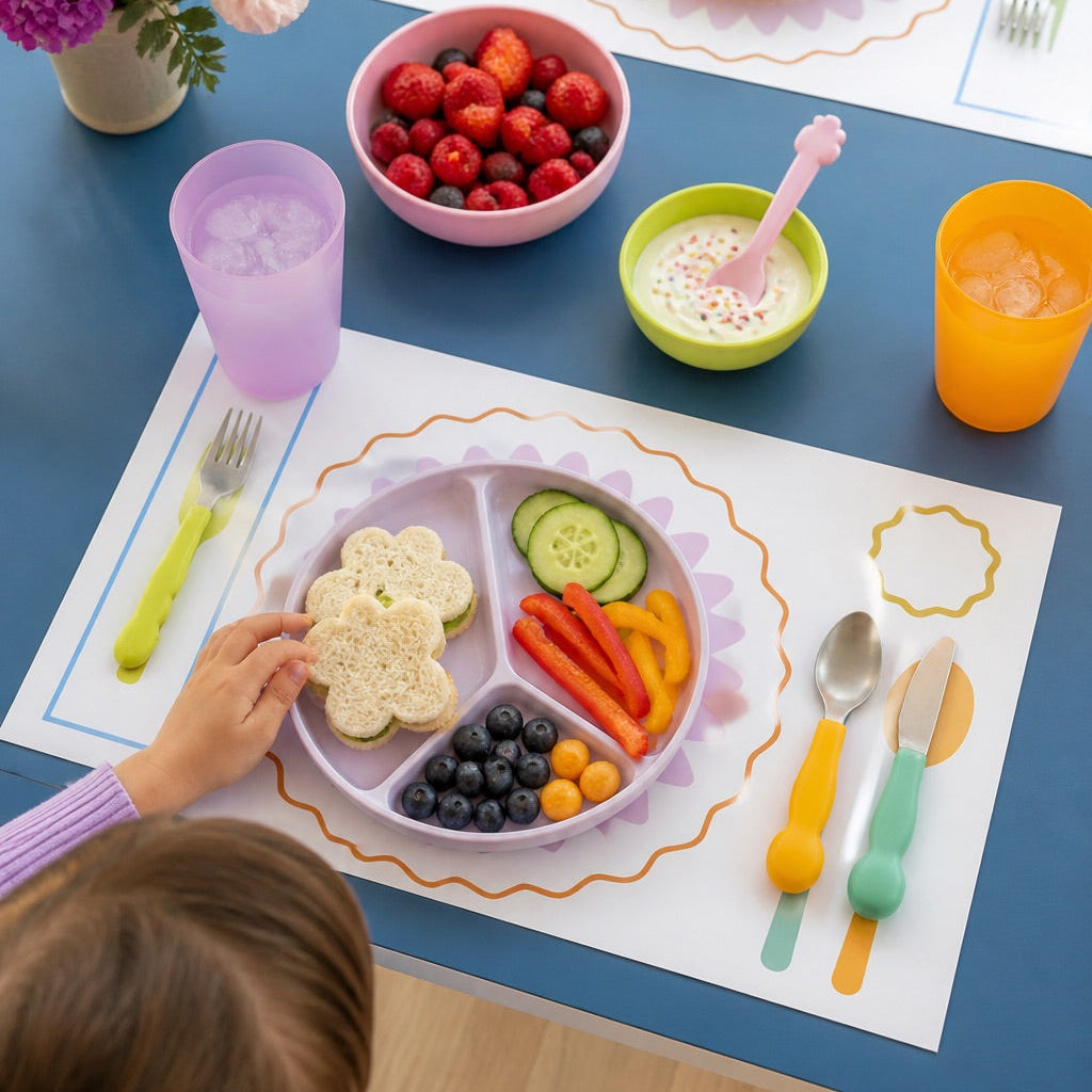 Children's table setting with paper placemats, cutlery, and a plate of food.
