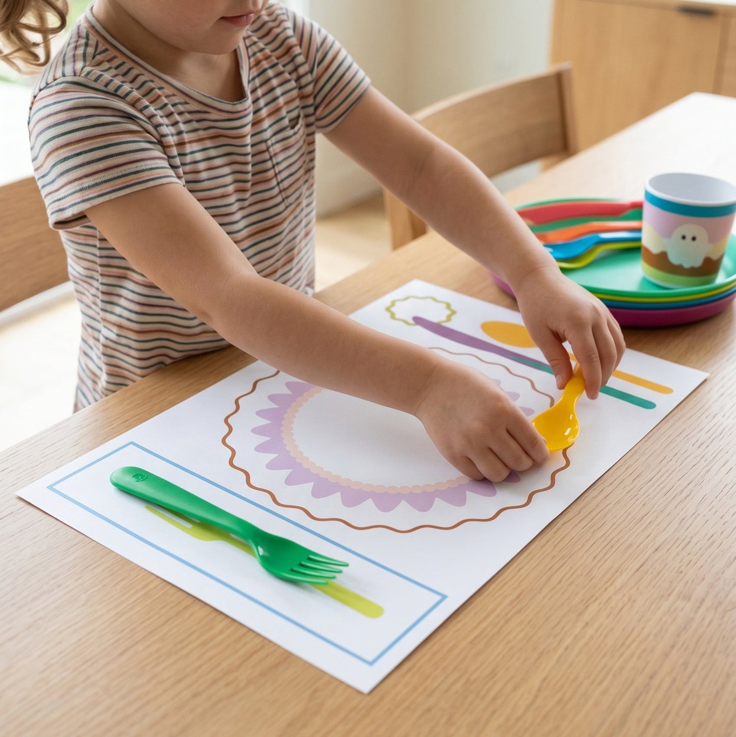 Child playing with utensils on a placemat at a table