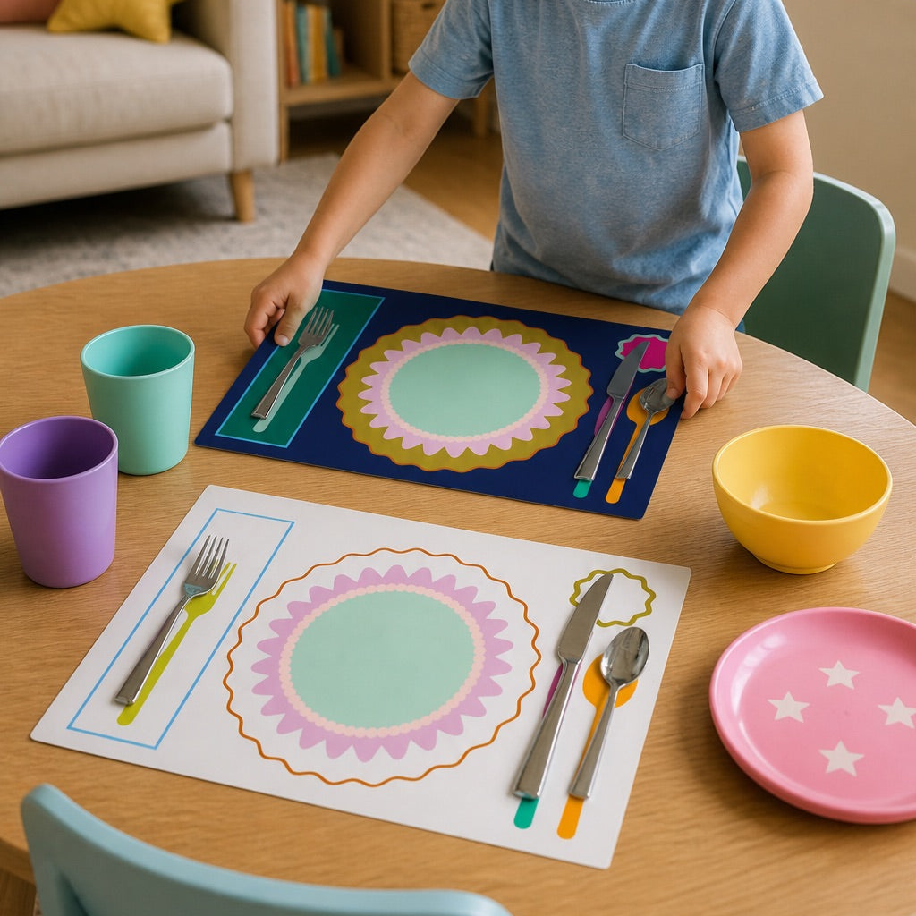 Child at a table with placemats, cutlery, and colorful cups in a home setting.