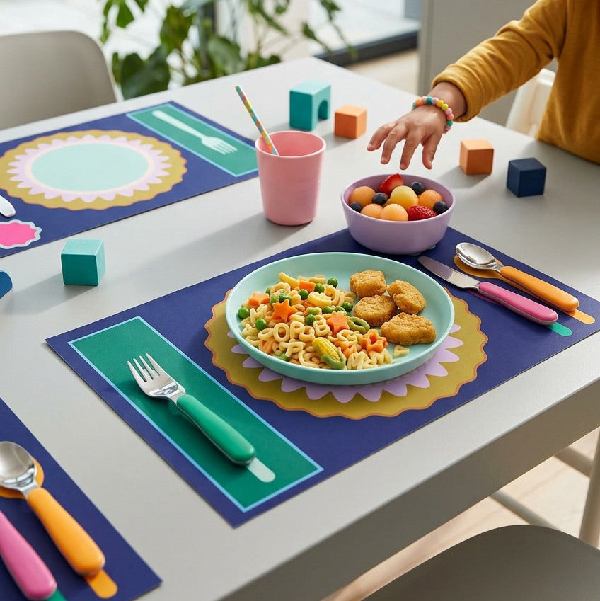 Child at a dining table with colorful paper placemats, cutlery, and food.