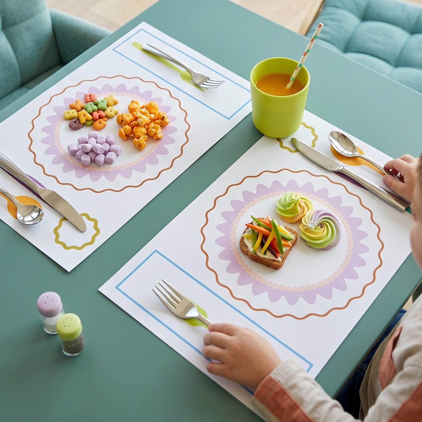Children's table setting with placemats, cups, and utensils on a light green table.