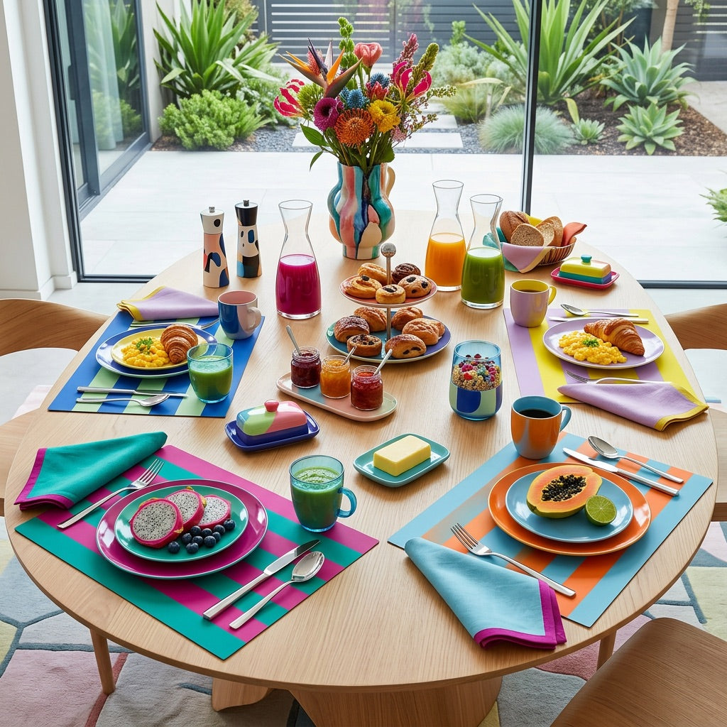 Colorful breakfast table setting with various foods and drinks set with bright colorful striped paper placemats.