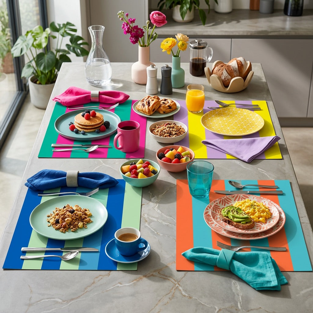 Colorful table setting with plates, cups, and napkins on colorful striped paper placemats.
