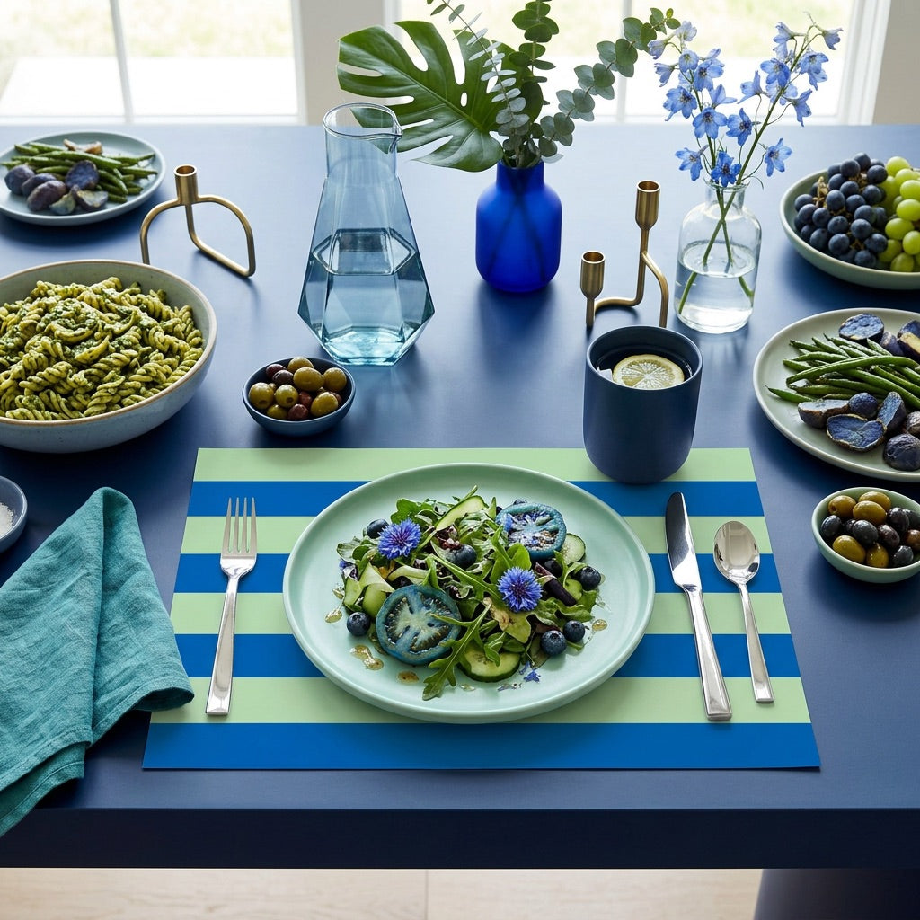 Dining table set with a salad, pasta, and various dishes on a blue and green striped paper placemat.