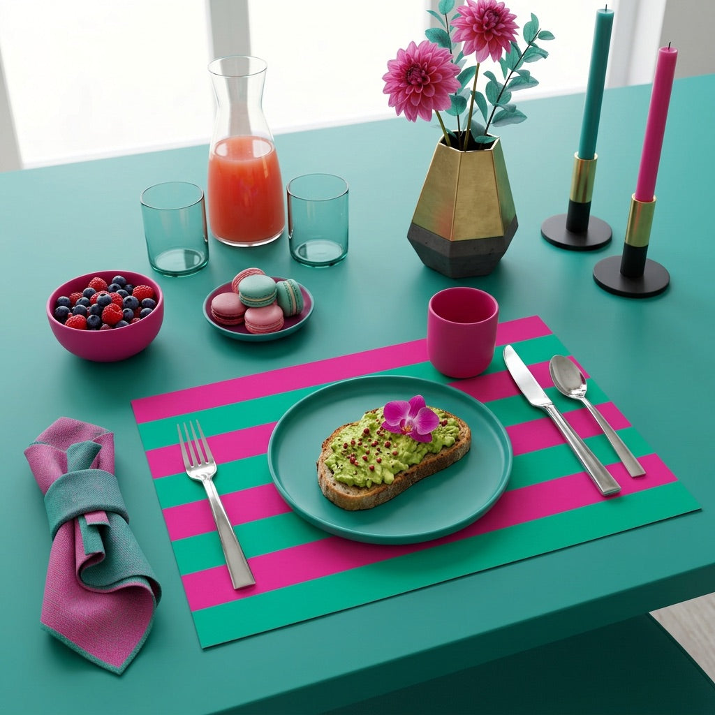 Colorful table setting with avocado toast, fruit bowl, and drinks on a striped teal and magenta paper placemat.