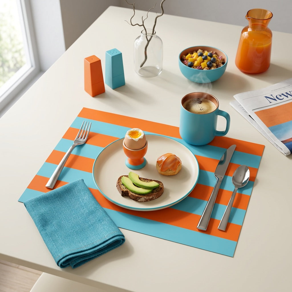Breakfast setting on a table with a blue and orange striped paper placemat, plate with avocado toast, and coffee.