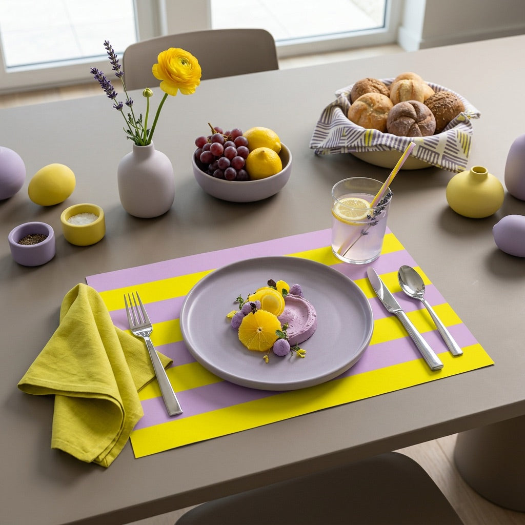 Dining table setting with a purple plate, yellow napkin, and colorful striped paper placemats.