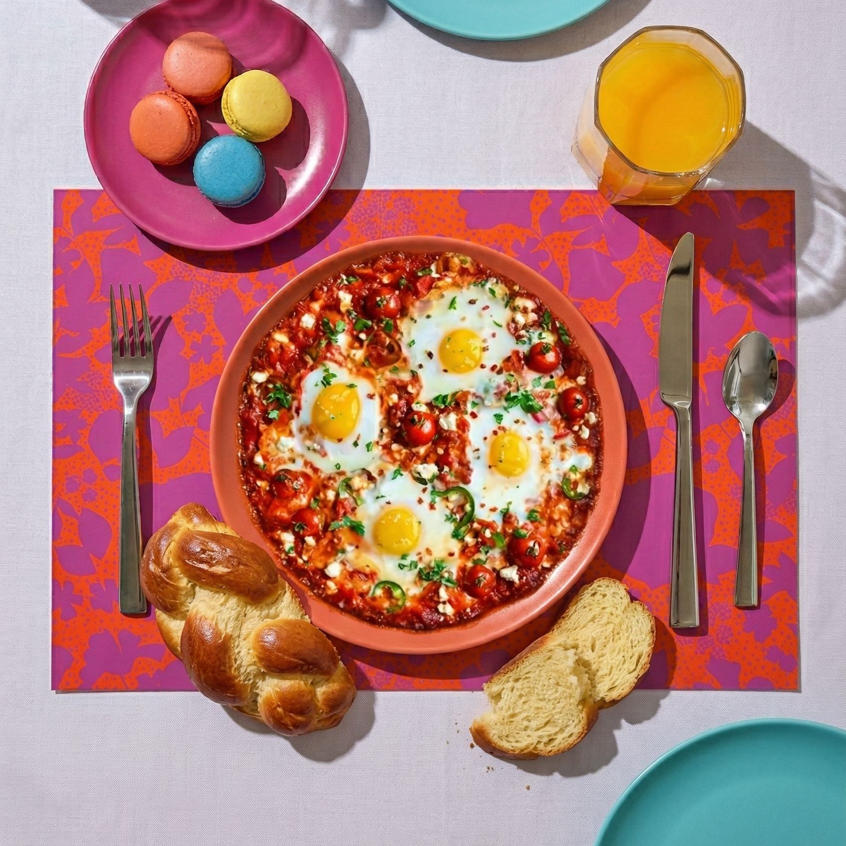 Floral-patterned paper placemat with cutlery on a white background