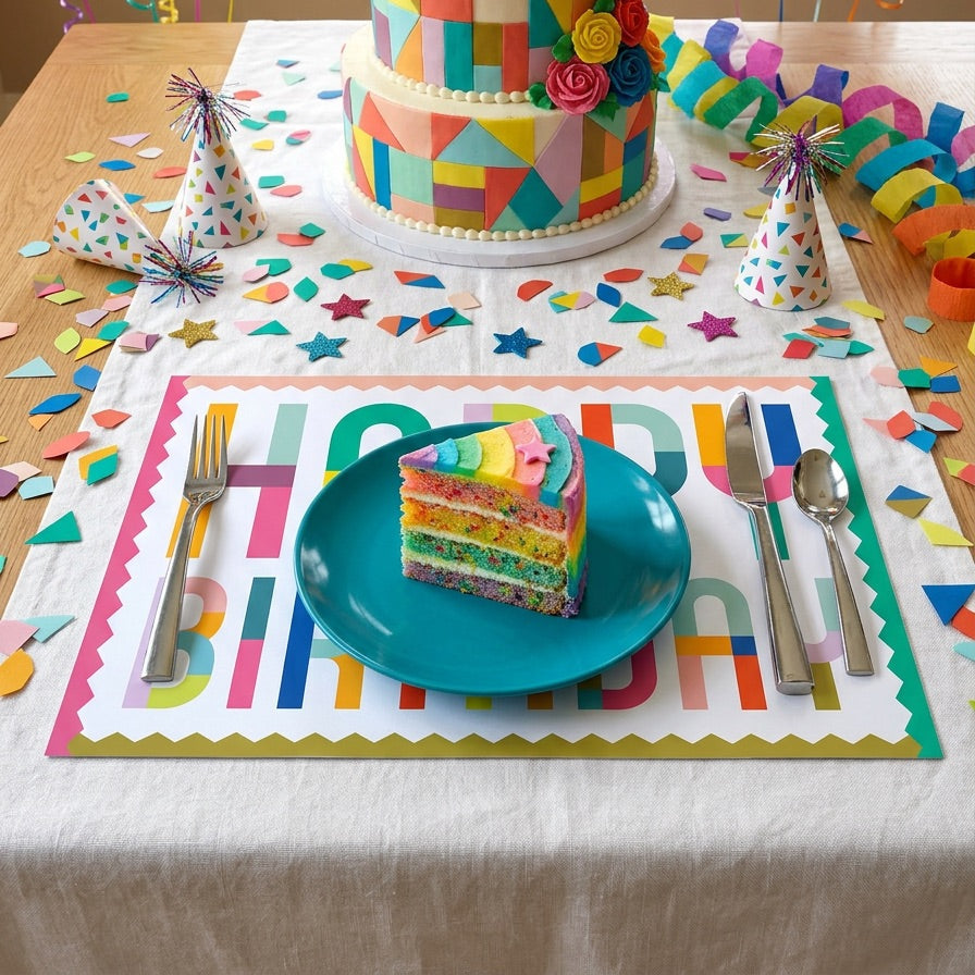 Happy Birthday paper placemat on a table with party decorations. 