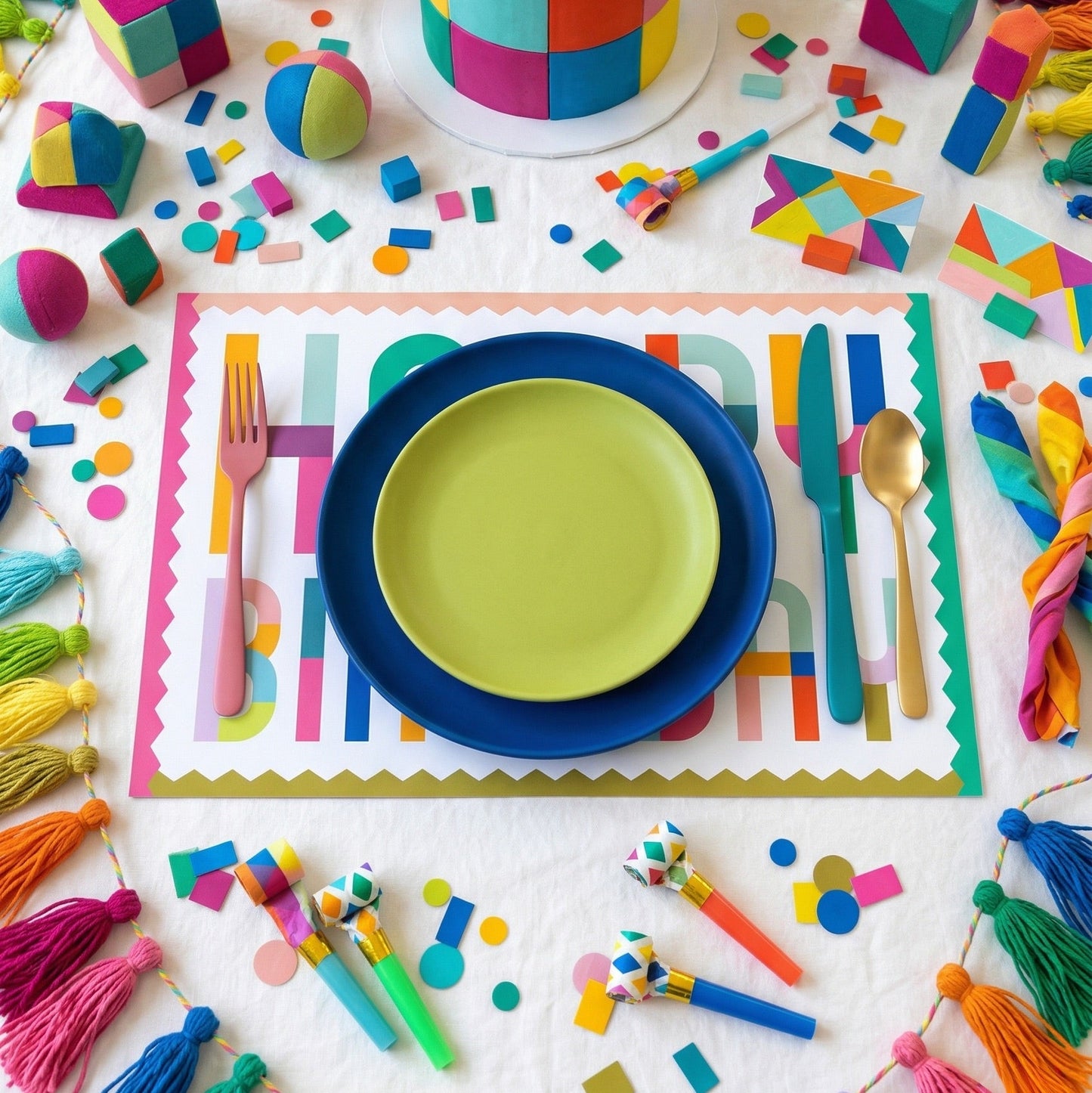 Happy Birthday paper placemat on a table with party decorations. 