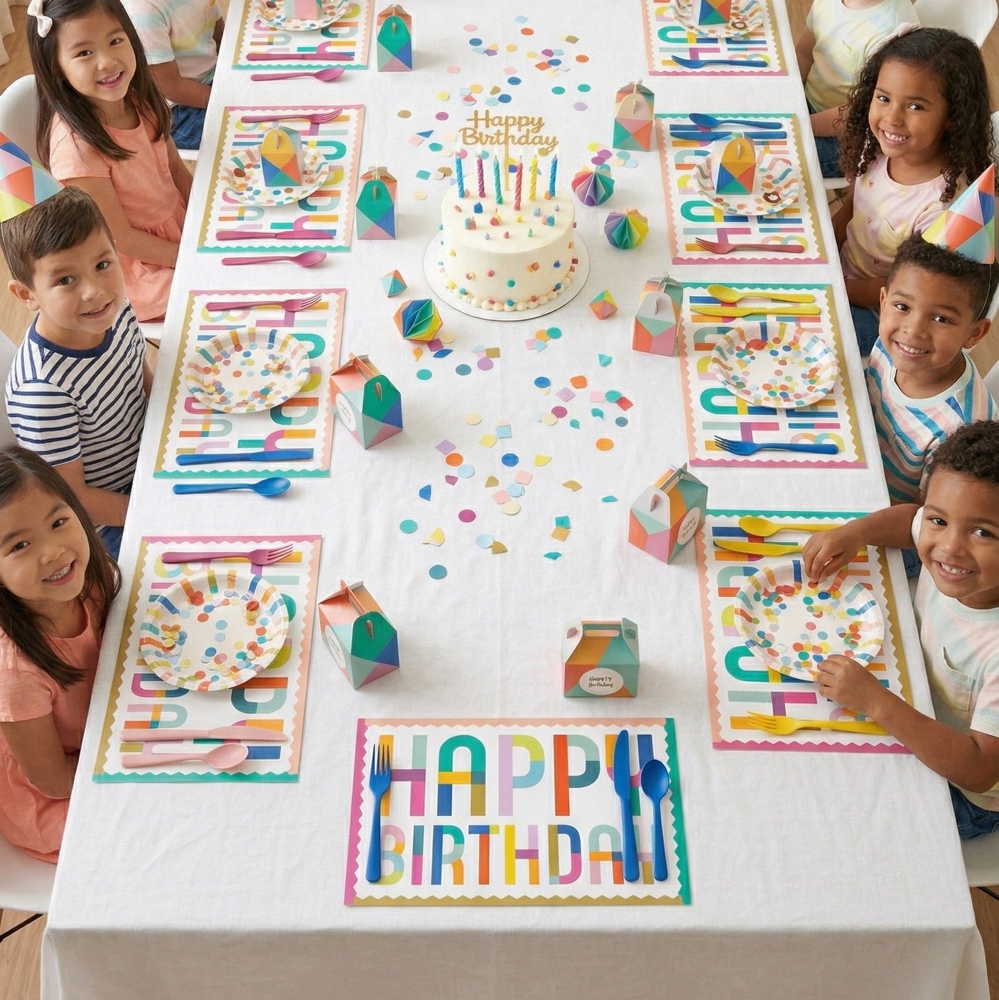 Happy Birthday paper placemats at a kids birthday party. 