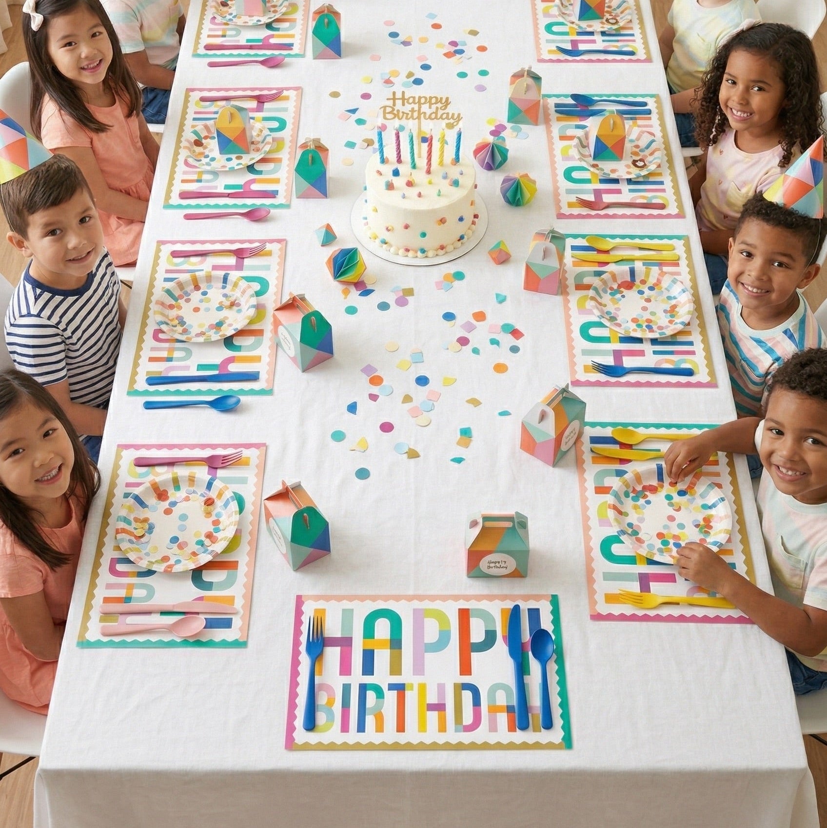 Happy Birthday paper placemats at a kids birthday party. 