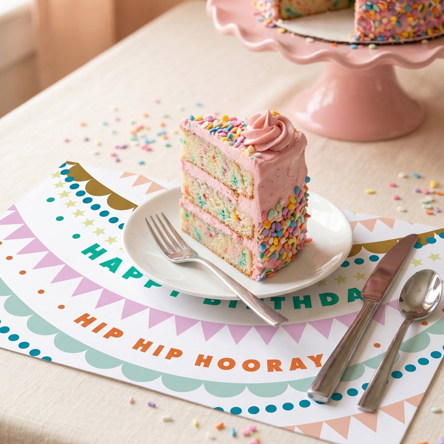 Pink cake with colorful sprinkles on a pink cake stand with a slice cut out, placed on a table with a 'Happy Birthday Hip Hip Hooray' paper placemat.