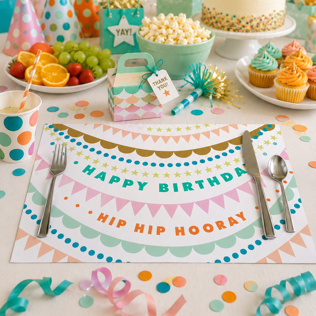 Birthday party setup with cake, balloons, and decorations on a birthday paper placemat.